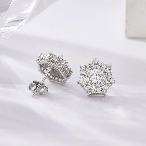 1 Pair Simple Style Shiny Round Polygon Square Plating Inlay Sterling Silver Zircon White Gold Plated Ear Studs