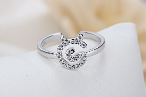 Ig Style Cute Cat Copper White Gold Plated Zircon Open Rings In Bulk