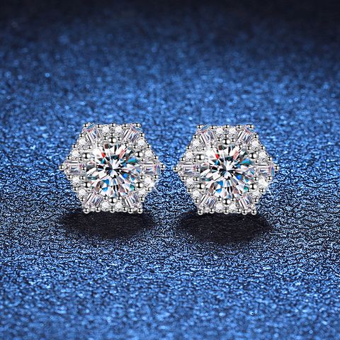 1 Pair Glam Luxurious Hexagon Plating Inlay Sterling Silver Zircon White Gold Plated Ear Studs