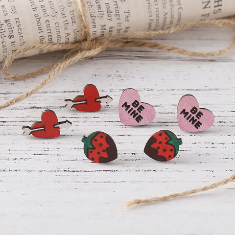 Retro Letter Heart Shape Strawberry Wood Ear Studs