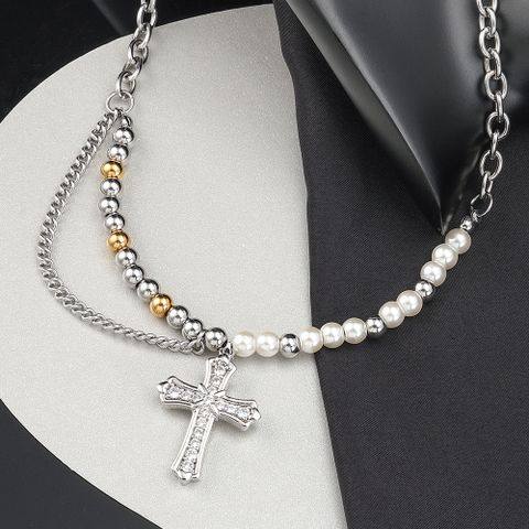 Hip-Hop Cross 304 Stainless Steel Artificial Pearl Beaded Polishing Zircon Unisex Pendant Necklace