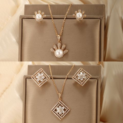 Xuping Commute Shiny Square Flower Alloy Plating Inlay Artificial Gemstones Artificial Pearls 18k Gold Plated Women's Earrings Necklace