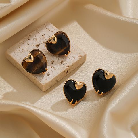 1 Pair Elegant Heart Shape Tiger Eye Copper Obsidian Natural Stone 18k Gold Plated Ear Studs