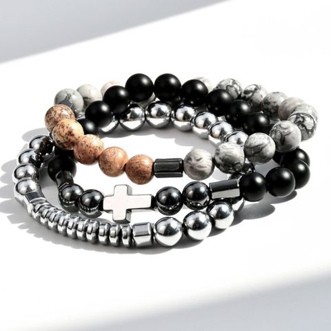 Simple Style Cross Alloy Natural Stone Beaded Handmade Silver Plated Men's Bracelets