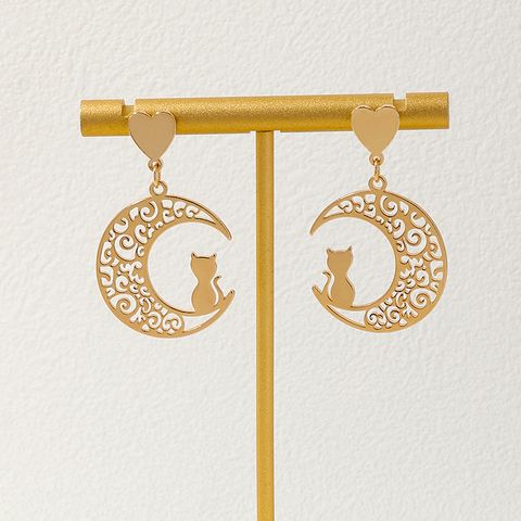 1 Piece Cartoon Style Cute Moon Cat Hollow Out Alloy Drop Earrings