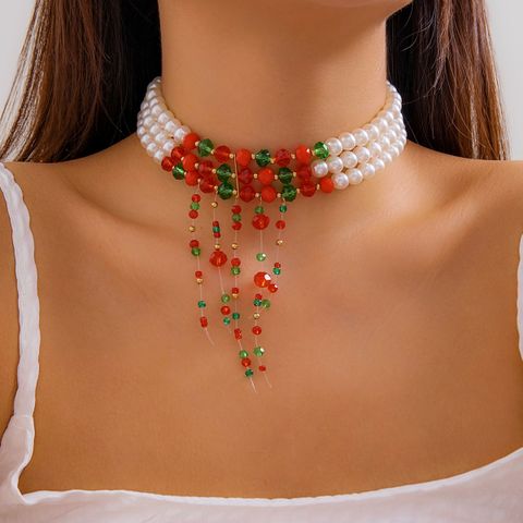 Elegant Irregular Geometric Imitation Pearl Beaded Tassel Crystal Tassel Women's Three Layer Necklace