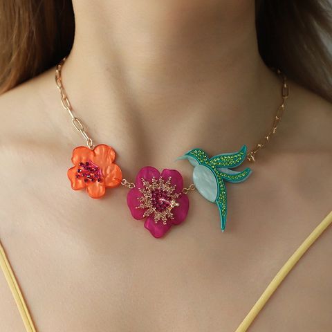 Vintage Style Flower Butterfly Bird Arylic Alloy Rhinestone Plating Women's Pendant Necklace