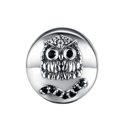 1 Piece Hole 4~4.9mm Sterling Silver Zircon Rhodium Plated Animal Owl Polished Beads