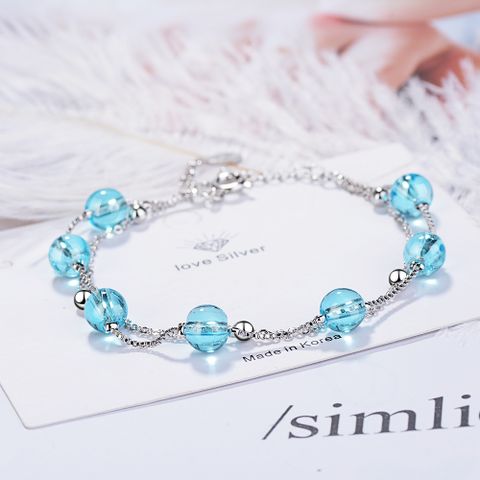 Sweet Round Artificial Crystal Copper Beaded White Gold Plated Women's Bracelets