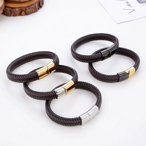 Vintage Style Simple Style Circle Stainless Steel Pu Leather Handmade Metal Button Men's Bracelets