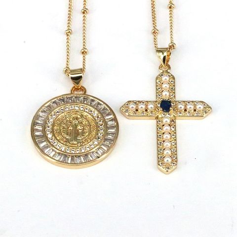 Fashion Cross Round Copper Plating Inlay Artificial Pearls Zircon Pendant Necklace