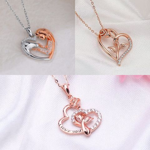 Cute Simple Style Heart Shape Sterling Silver Plating Metal Button Chain Zircon 14k Gold Plated Pendant Necklace