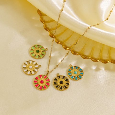 304 Stainless Steel 14K Gold Plated Sweet Enamel Inlay Sun Natural Stone Pendant Necklace