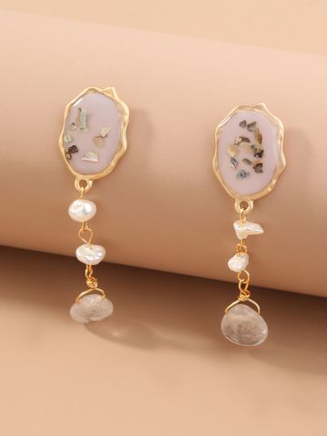 1 Pair Ethnic Style Irregular Beaded Inlay Freshwater Pearl Copper Shell Drop Earrings