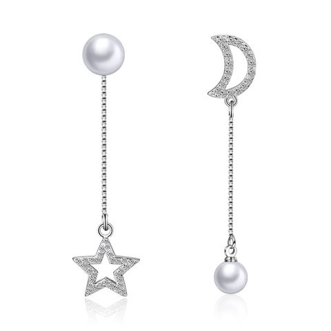 1 Pair Sweet Star Moon Tassel Inlay Copper Artificial Diamond Drop Earrings