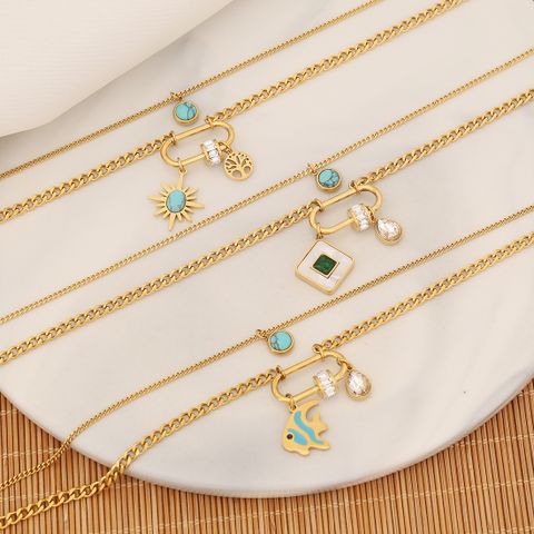 Wholesale Commute Square Star Snake 304 Stainless Steel Copper Plating Inlay Turquoise Zircon Double Layer Necklaces