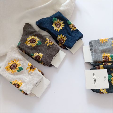 Women's Casual Sunflower Cotton Printing Crew Socks A Pair