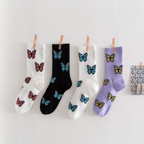 Women's Japanese Style Butterfly Nylon Cotton Jacquard Crew Socks A Pair