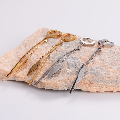 1 Pair IG Style Simple Style Tassel Feather Plating Inlay 304 Stainless Steel Rhinestones 18K Gold Plated Drop Earrings