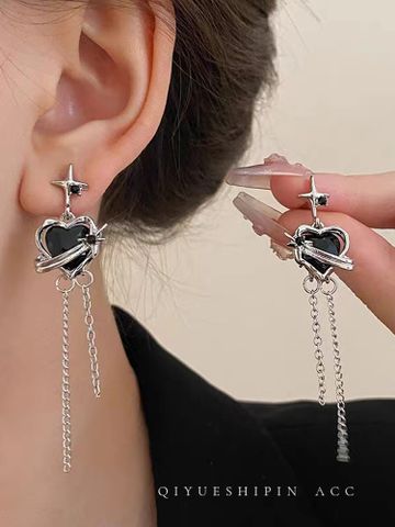 1 Pair Ig Style Simple Style Star Heart Shape Tassel Plating Inlay Alloy Rhinestones Diamond Silver Plated Drop Earrings