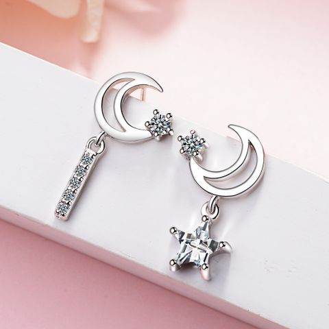 1 Pair Ig Style Star Moon Asymmetrical Hollow Out Inlay Copper Zircon Drop Earrings