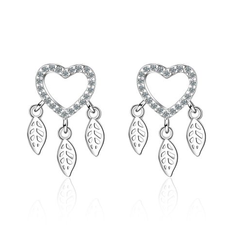 1 Pair Sweet Leaves Heart Shape Plating Hollow Out Inlay Copper Zircon Silver Plated Drop Earrings