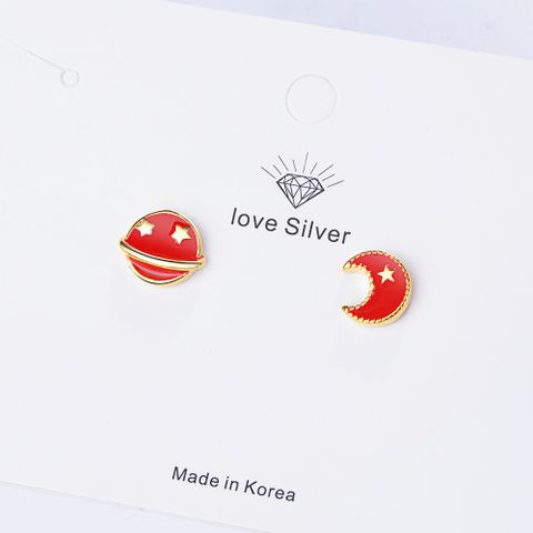 1 Pair Sweet Classic Style Commute Star Moon Asymmetrical Drip Glazed Plating Copper 18k Gold Plated Ear Studs