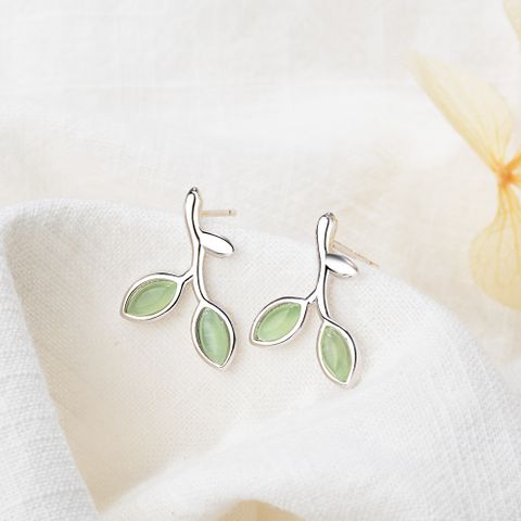 1 Pair Sweet Leaf Plating Inlay Copper Opal White Gold Plated Ear Studs