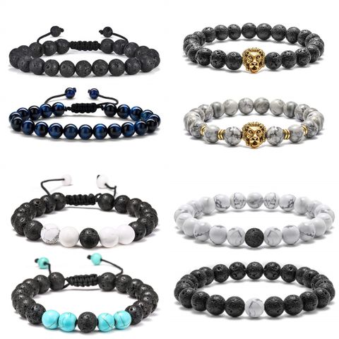 Casual Classic Style Round Lion Stainless Steel Volcanic Rock Beaded Women's Bracelets