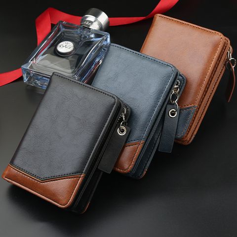 Men's Solid Color Pu Leather Zipper Wallets