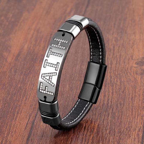 Retro Fashion Simple Style Letter Rectangle Pu Leather Metal Handmade Men's Bracelets