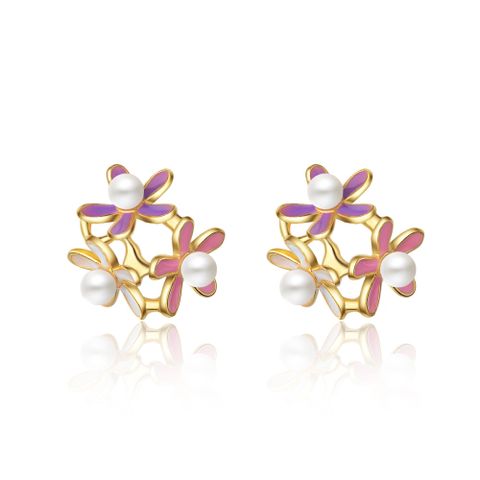 1 Pair Simple Style Flower Plating Inlay Copper Pearl Zircon 24k Gold Plated Ear Studs