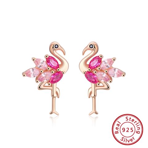 1 Pair Glam Simple Style Animal Bird Polishing Plating Inlay Sterling Silver Zircon Rose Gold Plated Ear Studs