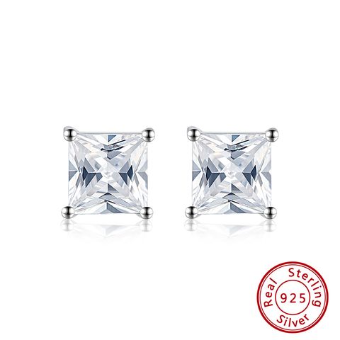 1 Pair Glam Simple Style Quadrilateral Square Polishing Plating Inlay Sterling Silver Zircon White Gold Plated Rhodium Plated Ear Studs