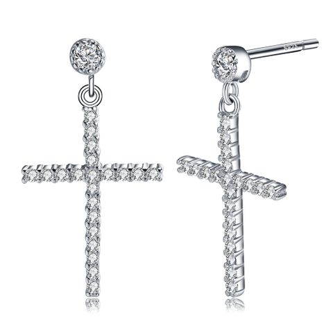 1 Pair Glam Simple Style Cross Polishing Plating Inlay Sterling Silver Zircon White Gold Plated Drop Earrings