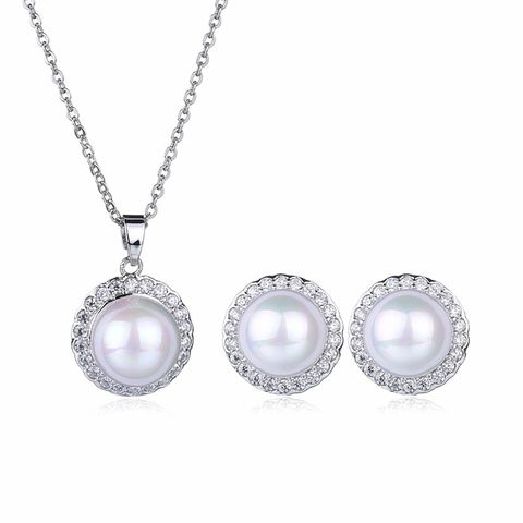 Bridal Formal Commute Round Copper Polishing Plating Inlay Artificial Pearls Zircon White Gold Plated Jewelry Set