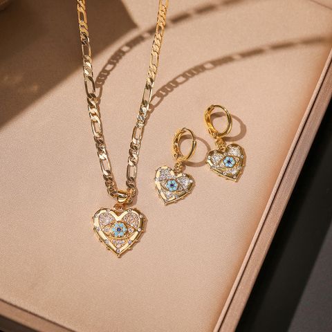 Simple Style Devil's Eye Heart Shape Copper Plating Inlay Zircon 18k Gold Plated Earrings Necklace Jewelry Set