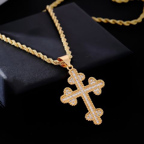 Wholesale Ig Style Vintage Style Cross Stainless Steel Titanium Steel Plating Inlay Gold Plated Zircon Pendant Necklace
