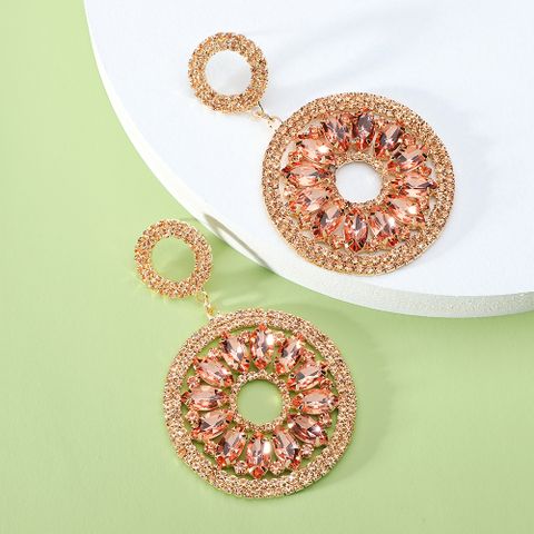 1 Pair Vintage Style Round Plating Hollow Out Inlay Zinc Alloy Glass Drop Earrings