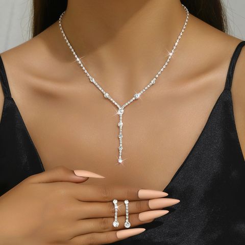 Bridal Necklace Earrings Two-piece Alloy Silver-plated Claw Chain Rhinestone Jewelry