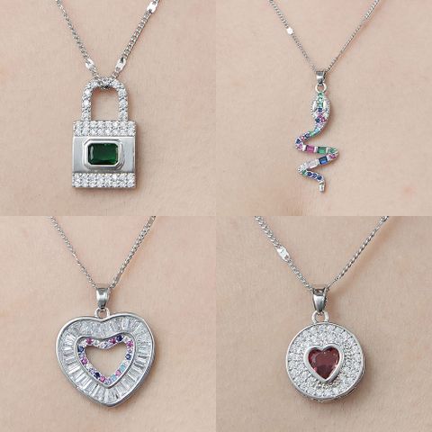 Simple Style Heart Shape Snake Lock Copper Plating Inlay Zircon Pendant Necklace