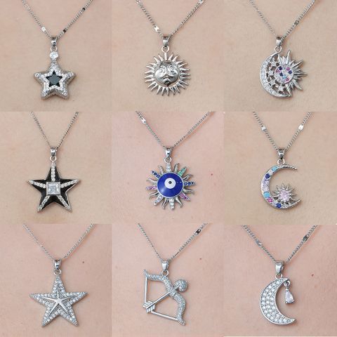 201 Stainless Steel Zircon Simple Style Polishing Plating Devil's Eye Star Moon Pendant Necklace