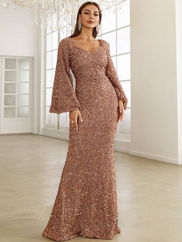 Women's Party Dress Elegant Luxurious V Neck Sequins Diamond Long Sleeve Solid Color Maxi Long Dress Banquet Evening Party Cocktail Party