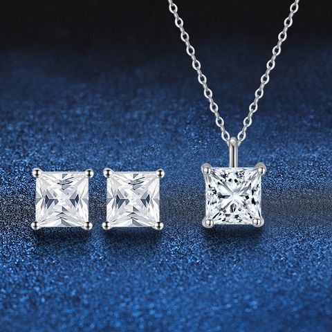 Elegant Luxurious Square Sterling Silver Inlay Zircon Women's Earrings Necklace