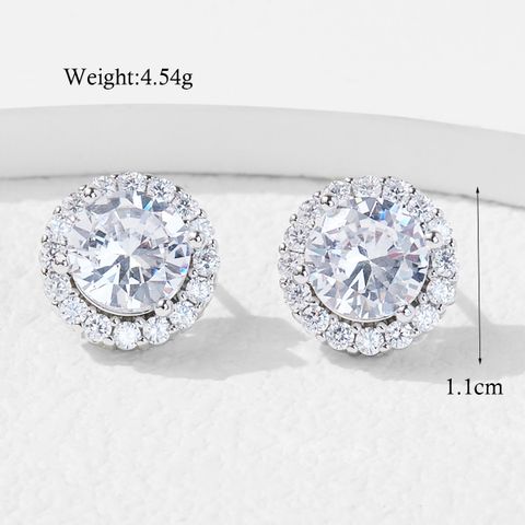 1 Pair Elegant Commute Shiny Round Inlay Sterling Silver Zircon White Gold Plated Rhodium Plated Ear Studs