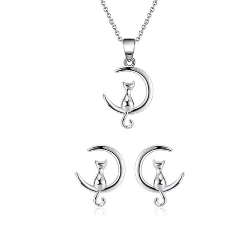Elegant Simple Style Moon Cat Sterling Silver Plating Women's Earrings Necklace