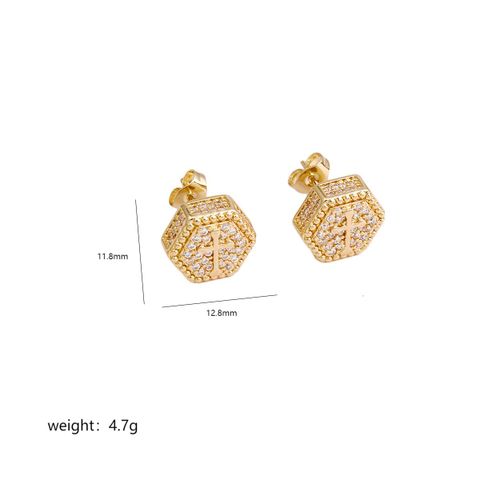 1 Pair Simple Style Hexagon Cross Plating Inlay Copper Zircon 18k Gold Plated Ear Studs