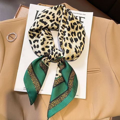 Women's Elegant Business Color Block Leopard Satin Printing Silk Scarf