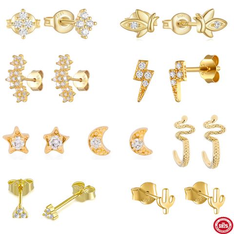 1 Pair Simple Style Cactus Moon Flower Plating Inlay Sterling Silver Zircon 18k Gold Plated Ear Studs