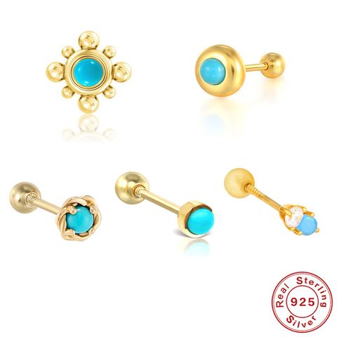 1 Piece Retro Simple Style Geometric Plating Inlay Sterling Silver Turquoise Ear Studs